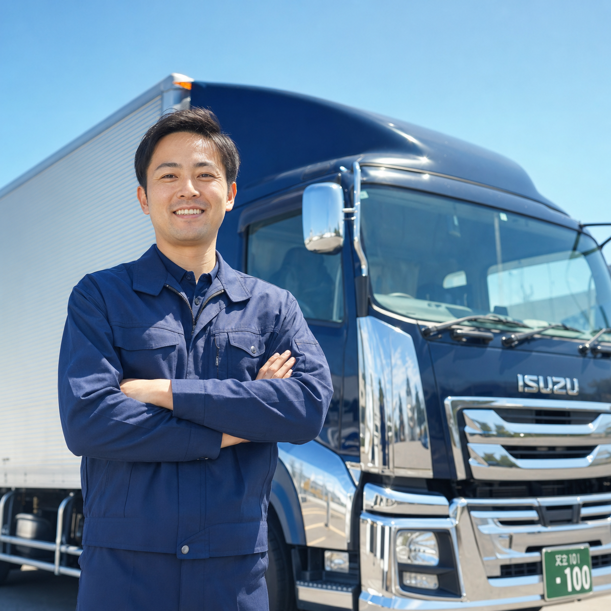 トラックドライバーが車の前に立っている様子